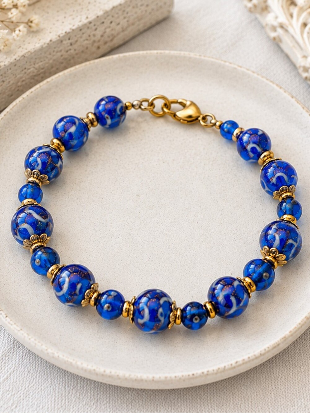Vintage Murano Style Cobalt Blue Art Glass Gold Fleck Beaded Bracelet